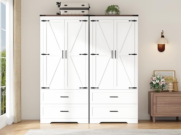 St.Mandyu Farmhouse Wardrobe Armoire Closet with 2 Doors and 2 Drawers, 70.1" Wooden Clothing Storage Cabinet, Freestanding Large Capacity Storage Wardrobe Armoire with Hanging Rod for Bedroom, White