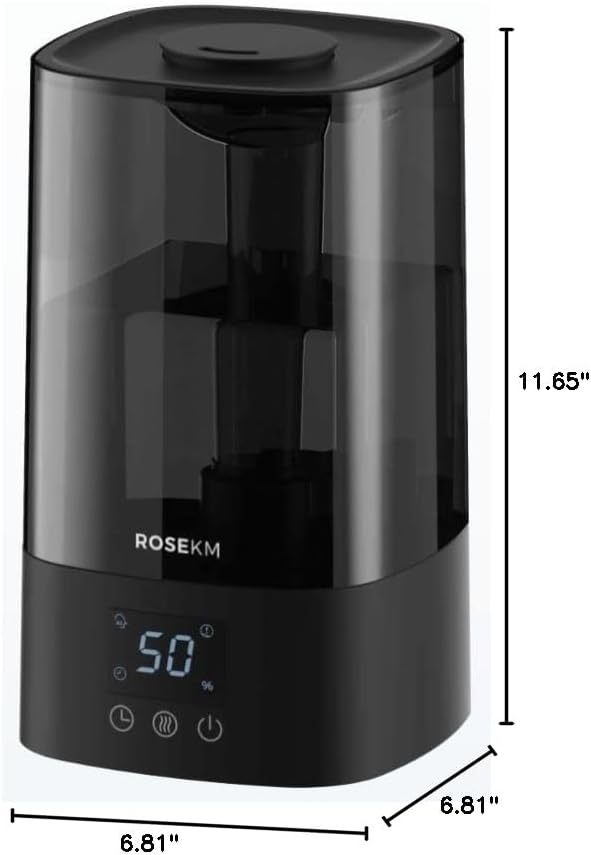 ROSEKM Automatic Humidifiers for Bedroom Large Room, 4.5L Cool Mist Humidifier for Home & Plant with Timer & Humidity Sensor, Last Up to 18H on High Setting, Auto Shut-Off, 360ยฐ Nozzle (Black)