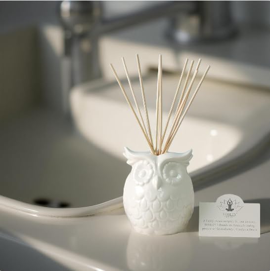 Hosley Aromatherapy Vanilla Diffuser Oil with Ceramic Owl Farmhouse Bottle & Reed Sticks - 110ml Ideal Gift for Home Decor, Bathroom Decor, Room Decor, Spa, Meditation, Weddings