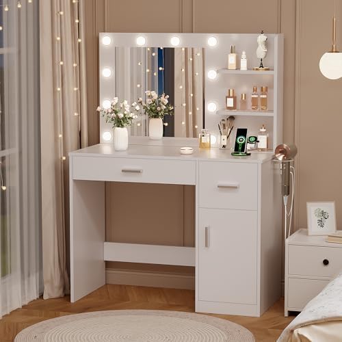YESHOMY 35.4" Vanity Desk with Mirror & Lights, Makeup Vanity Table with Charging Station,3 Color Modes, 2 Drawers & Large Storage Cabinet with Open Shelves for Bedroom Dressing Room, Classic White
