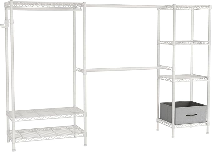Golpart Coat Rack Clothes Wardrobe:Closet Organizer and Storage Clothing Garment Rack with Shelves Heavy Duty for Hanging Clothes Portable Adjustable White 15.8" Dx(70-88.5)" Wx76.5 H