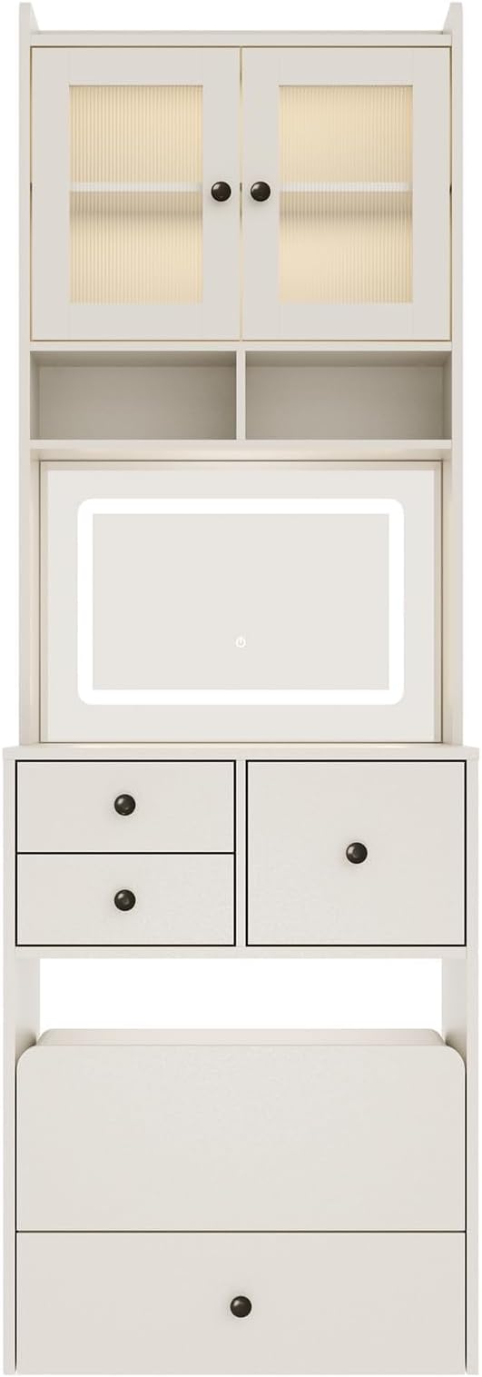 Garvee 3 in 1 Vanity Desk with LED Light, Tall Makeup Vanity Set with 2 AC Outlets & USB-c, Dressing Table with Drawers & Acrylic Doors, Nightstand Vanity Mirror, Jewelry Box, Cushioned Chair, White