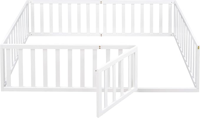 Bellemave Full Size Montessori Floor Bed with 21.7" High Rails, Pine,Plywood Floor Bed with Small Door, White