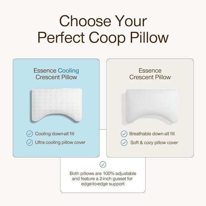 Coop Home Goods Essence Cooling Crescent Down Alternative Pillow Set of 2, Queen Size Adjustable Cooling Pillow for Back & Side Sleepers, Cool-Touch Luxury Hotel Pillow, Oeko-TEX Certified