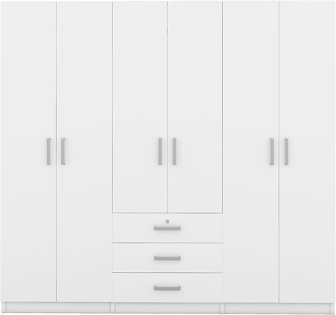 Merax Large White 6 Doors Wooden Wardrobe, Bedroom Tall Armoire Closet Organizer with Big Drawers, Hanging Rails and Shelves, Clothes Storage Cabinet for Garage & Laundry Room, White