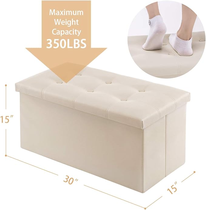 YOUDENOVA Folding Storage Ottoman, Faux Leather Ottoman Bench Footrest Ottoman, Storage Chest Padded Seat for Bedroom and Living Room, Beige,15" D x 30" W x 15" H
