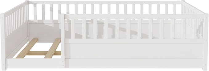 Bellemave Queen Floor Bed with high Fence, Solid Pine Wood Montessori Bed for Kids Girls Boys Floor Bed Frame, White with slats