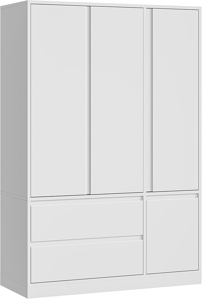 IRONCK 47.2" Armoire Wardrobe Closet with Drawers, White Armoire with Hanging Rods & DIY Adjustable Shelves, Modern Wardrobe with Soft-Close Hinges & Anti-Tip Device, Freestanding Closet for Bedroom