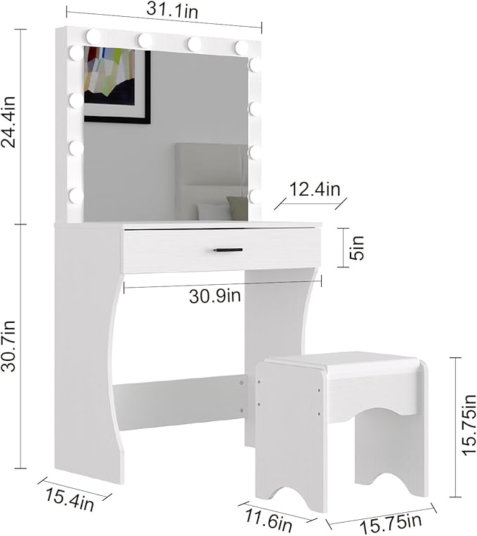 Vanity Desk with Mirror and Adjustable Lights, One Drawer Storage Makeup Table with Stool - Vanity Set for Bedroom (White)