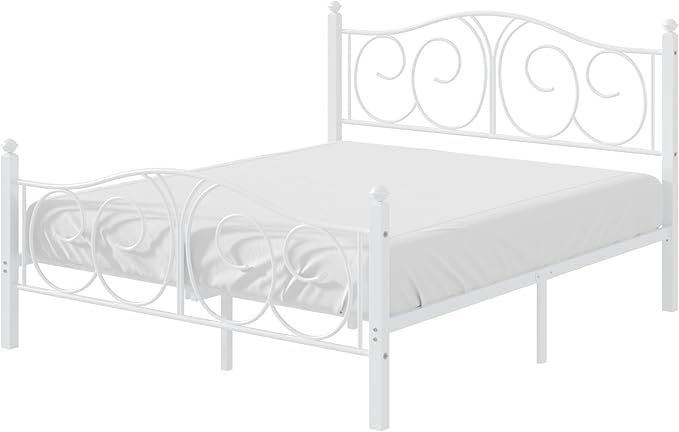 VECELO Queen Size Metal Platform Bed Frame with headboard and Footboard, Heavy Duty Mattress Foundation, Steel Slat Support, No Box Spring Needed, Easy Assembly, Pure White