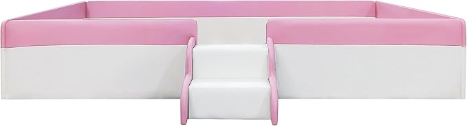 Merax Twin Size Kids Floor Bed, Upholstered Kids Daybed Frame with Fence and Stairs, Wood Bed for Living Room, White+Pink