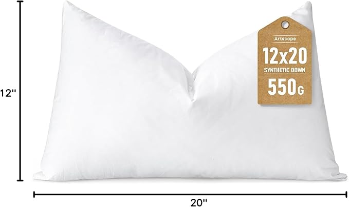 Artscope Synthetic Down Lumbar Pillow Insert, 12x20 Down Alternative Throw Pillow Insert. Ultra Soft Fluffy Sleeping Pillow with 100% Cotton Cover, Decorative Pillows-White.