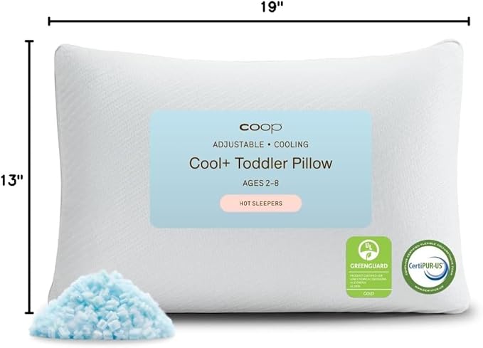 Coop Home Goods Cool+ Adjustable Cooling Toddler Pillow, 13x19, Cooling Gel Memory Foam Kids Pillow for Ages 2+, Customizable Loft, Breathable, Washable Cover, Childproof Zipper, Small Cooling Pillow