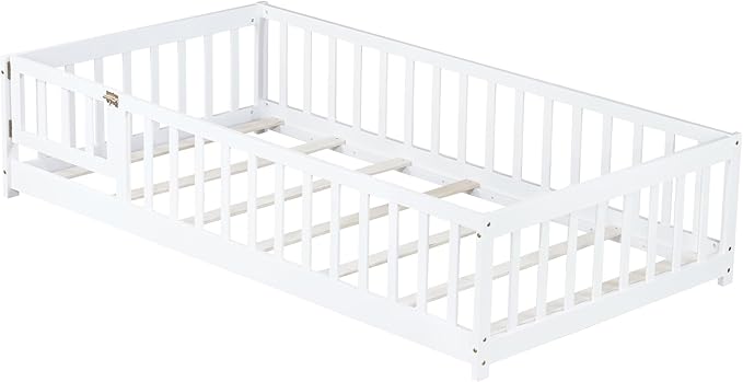 Bellemave Twin Floor Bed with Slats and Door, Twin Size Montessori Floor Bed with Fence and Door, Easy Assemble Montessori Beds Frame for Girls, Boys, White