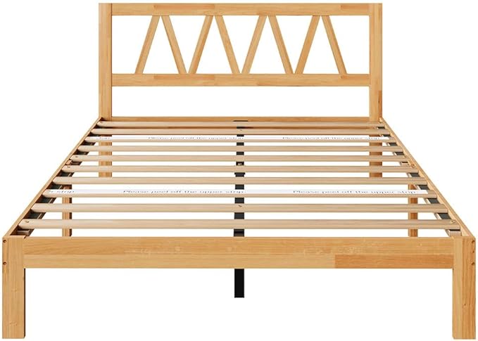 Novilla 12 Inch Queen Bed Frame with Headboard Bed Frame Queen Size Solid Wooden Bed Frame Foundation with Wood Slat Support, No Box Spring Needed, Easy Assembly, Natural Grain Wood