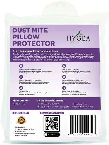 Hygea Dust Mite & Allergen Pillow Protectors, Standard Size, Set of 2 - Pillow Encasements - Zippered Covers - Hypoallergenic, Waterproof, Soft & Breathable, Premium Quality
