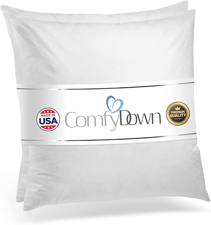 ComfyDown 28x28 Throw Pillow Inserts (Set of 2), Down & Feather Fill, 100% Cotton Cover, Made in USA – Premium Soft Decorative Pillow Forms Sham Stuffers for Bed, Sofa & Couch