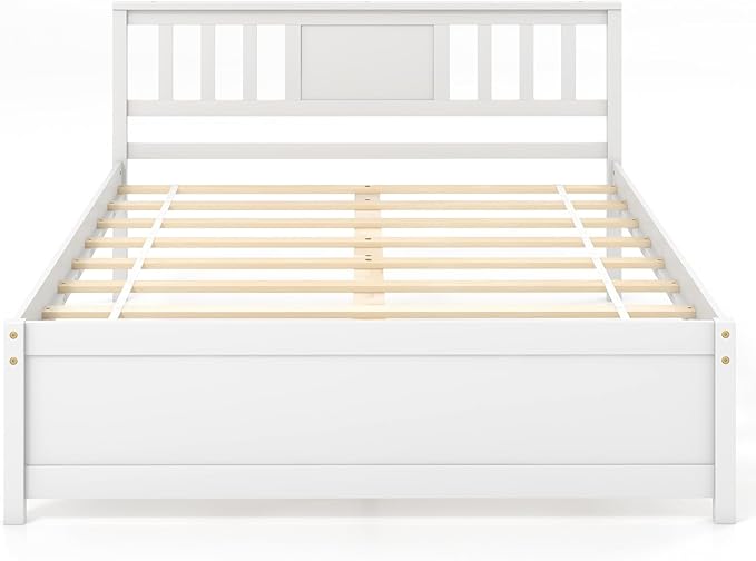 Giantex Full Size Solid Wood Platform Bed Frame, Mid Century Full Bed Frame with Headboard, Wood Slat Support, Double Panel Bed, No Box Spring Needed, Easy Assembly, White