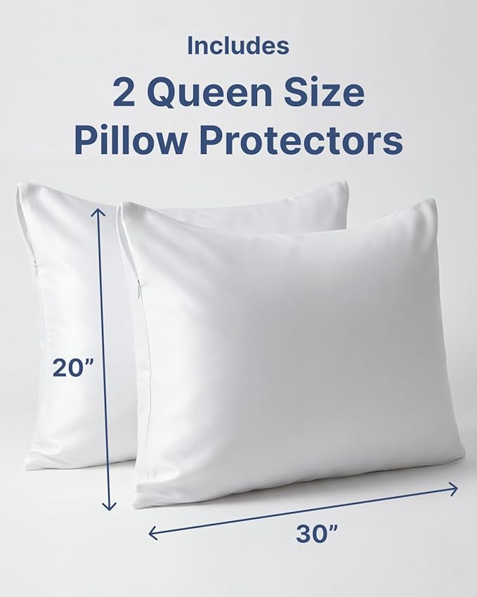 Set of 2 Pillow Protectors with Zipper - Queen Size - Bed Bug and Dust Mite Proof Pillow Covers - Noiseless, Moisture Wicking & Waterproof Pillowcases - Soft, Breathable and Machine Washable (White)
