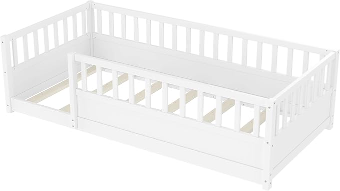 Bellemave Twin Size Floor Bed with High Fence, Wood Montessori Bed with Slats and Guardrails, Montessori Floor Beds Frame for Kids, Girls, Boys, White