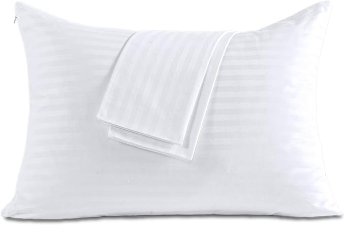 100% Cotton Pillow Protectors with Zipper Queen Size, White Pillow Cases Set of 2 for Home & Hotel, Sateen Soft Cooling Hidden Zippered Pillow Case Protector for Hair & Skin, 20x30 in