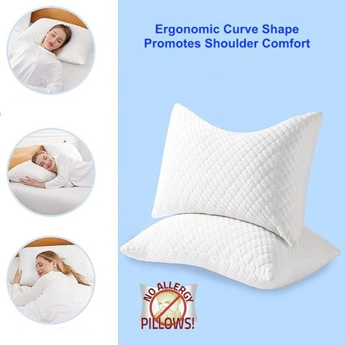 Hypoallergenic Adjustable Curved Pillow for Side Sleepers. Crafted with Non-Allergenic Materials. Memory Foam + Soft Bamboo Fabric Cover. Extra Foam Filling. Queen Size