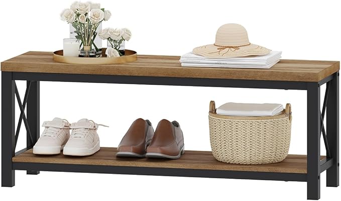 BON AUGURE Entryway Bench for Mudroom, Modern Wood and Metal Storage Bench, Farmhouse Shoe Entry Benches for Bedroom, Hall (47 inch Wide, Vintage Oak)