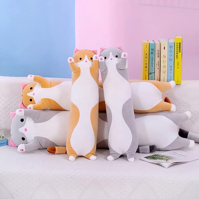 Cute Cat Plush Long Body Pillow Cuddle Cartoon Stuffed Animals Cat Plushie Soft Doll Pillows Gifts for Kids Girls(Orange, 35 Inches), 1 Count (Pack of 1)