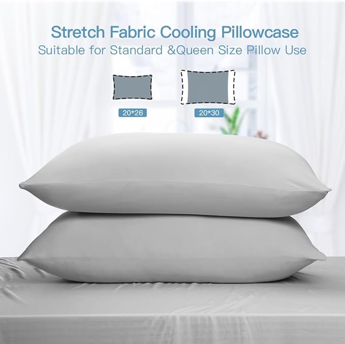 Elegear Cooling Pillow Cases for Hot Sleepers, Japanese Q-Max>0.55 Arc-Chill Cooling Pillowcases, Double Sided Elastic Cooling Pillow Covers with Hidden Zipper, Set of 2 - Gray Standard & Queen Size