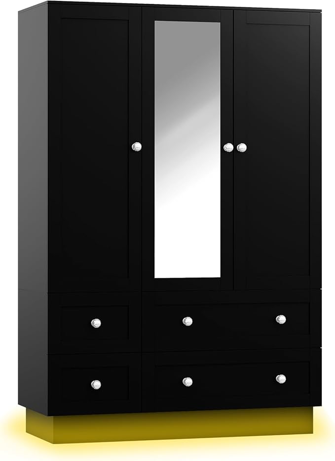 VOWNER Wardrobe Closet with 3 Doors, Bedroom Armoire with Mirror, LED Light, 4 Drawers and Hanging Rod, Large Capacity Storage Closet for Bedroom, Black 47" L