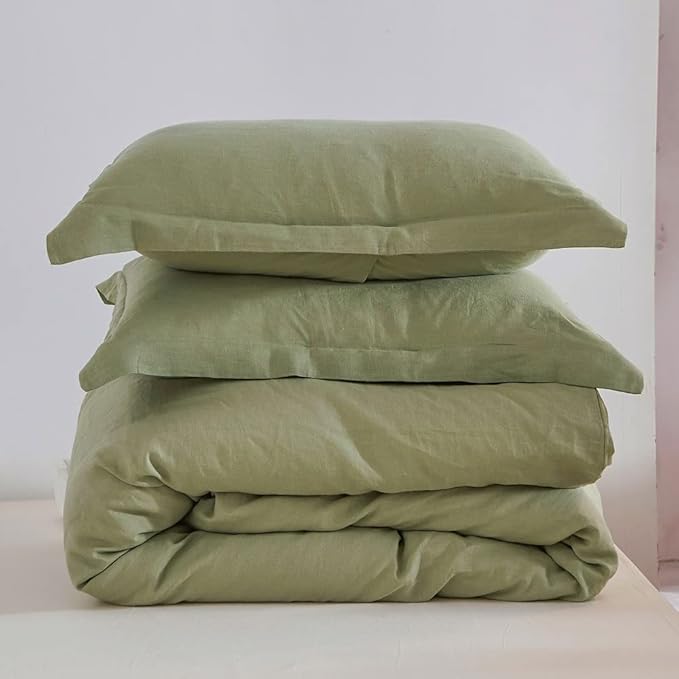 Simple&Opulence 100% Linen Duvet Cover Set 2pcs Basic Style Natural French Washed Flax Solid Color Soft Breathable Farmhouse Bedding with Button Closure - Sage Green, Twin
