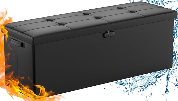 DocSafe Storage Ottoman Bench,Fireproof&Waterproof Folding Bench with Lock(15”x 43”x15”),Leather Storage Chest with Handles&2 Extra Boxes,Ottoman Safe for Bedroom,Living Room,Home Office,Black