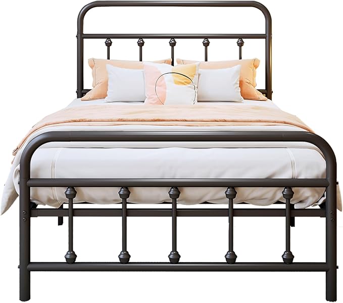 Vengarus Metal Bed Frame,Twin Size Bed Frame with Headboard,Structurally Stable, Heavy Duty Steel Slat Supported,Under Bed Storage,No Box Spring Needed,14 Inch,Black