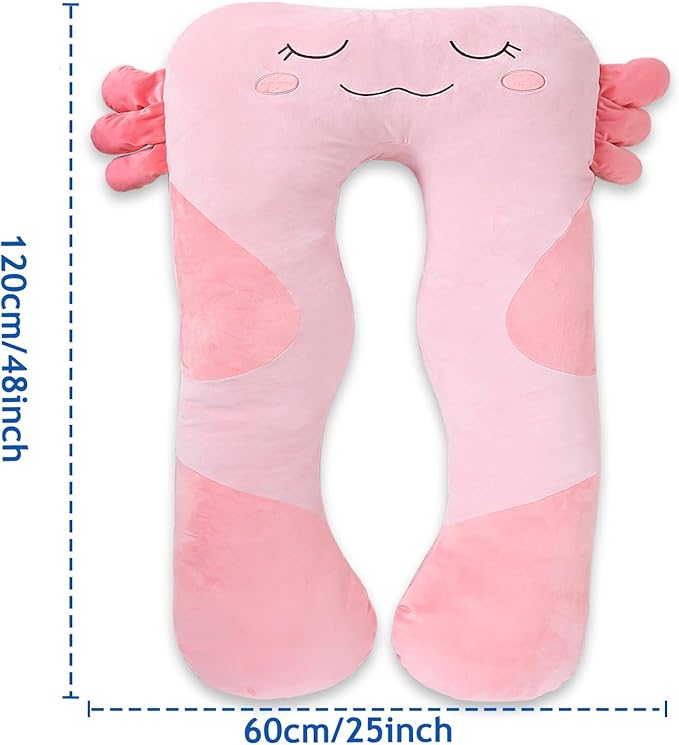 47x23 inch U Shaped Long Plush Body Pillows for Kids, Stuffed Animal Axolotl Soft Large Pillow for Sleeping, Big Cute Plushies, Washable Cover, Gift for Boys and Girls