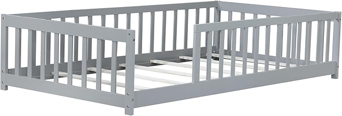 Bellemave Twin Floor Bed with Slats and Guardrails, Wood Montessori Floor Beds with Fence, Easy Assemble Floor Bed for Kids, Girls, Boys, Gary