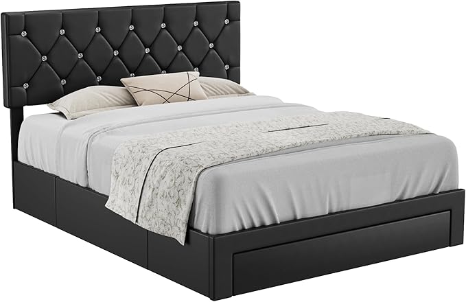 VECELO Queen Size Bed Frame with 3 Storage Drawers, Leather Upholstered with Diamond Tufted Headboard, Solid Wood Slat Support & Steel Framework, PU & Black