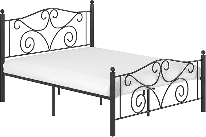 VECELO Queen Size Bed Frame with Headboard and Footboard, Heavy Duty Metal Slat Support, Platform Mattress Foundation, No Box Spring Needed, Easy Assembly, Dark Black