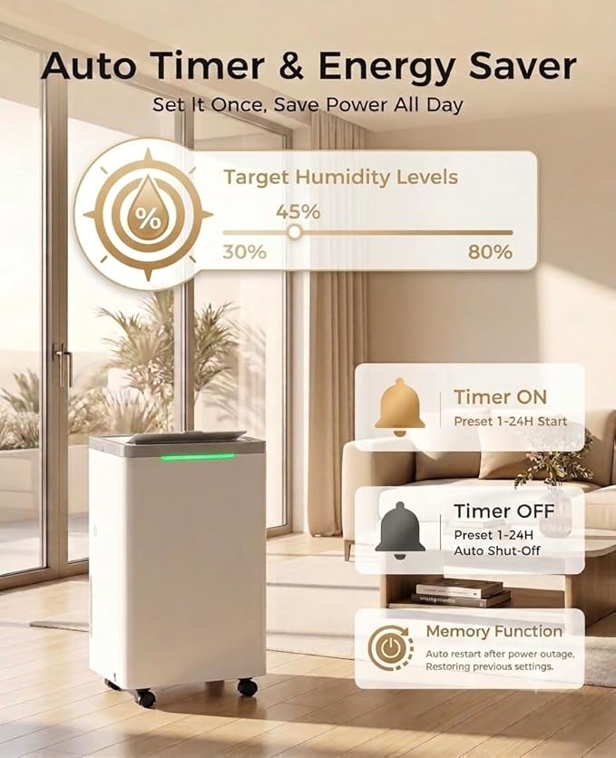 34 Pints Dehumidifier for Basement, Dehumidifiers for Home with Drain Hose, 38dB Quiet Dehumidifier for Bedroom Bathroom Garage, 24HR Timer, 3-Color Indicator, Auto Defrost, Child Lock