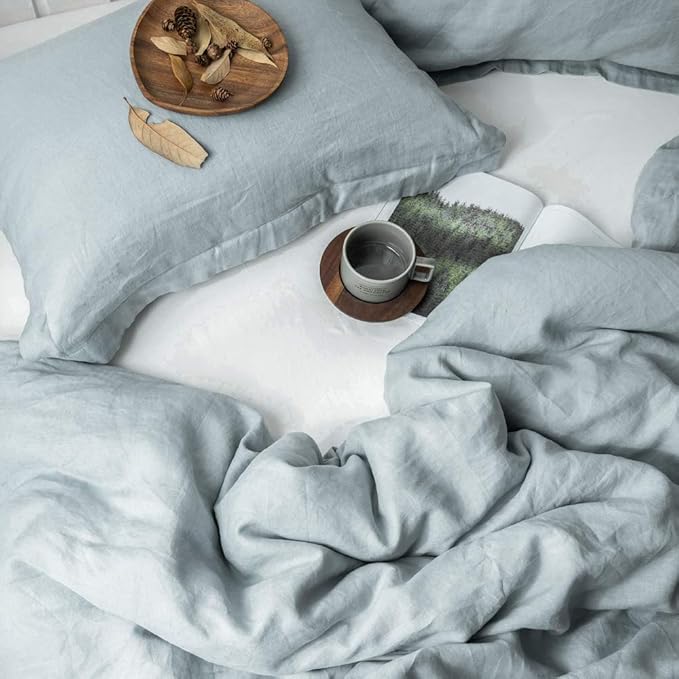 Simple&Opulence 100% Linen Duvet Cover Set 3pcs Basic Style Natural French Washed Flax Solid Color Soft Breathable Farmhouse Bedding with Button Closure - Dusty Blue, King