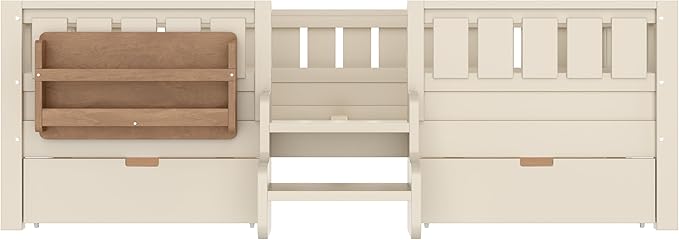 Bellemave Full Size Kids Montessori Bed with Stairs and Bookshelf,Solid Wood Full Size Kids Bed Frame with Drawers and Storage for Girls Boys,Low-Profile,Beige