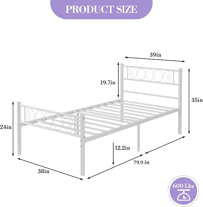 GarveeHome Twin-XL SizeMetal Bed Frame with Headboard & Footboard 13.7 Inch Metal Platform Mattress Foundation Support with Strong Metal Slats, Under Bed Storage, No Box Spring Needed
