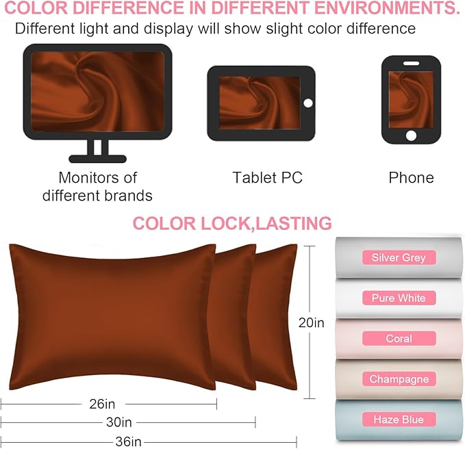 Silk Pillow Cases 2 Pack Standard Size with Hidden Zipper, Mulberry Silk Pillowcase for Hair and Skin, Smooth and Soft Breathable Cooling Silk Satin Pillowcase Set of 2, Gifts for Women,Burnt Orange