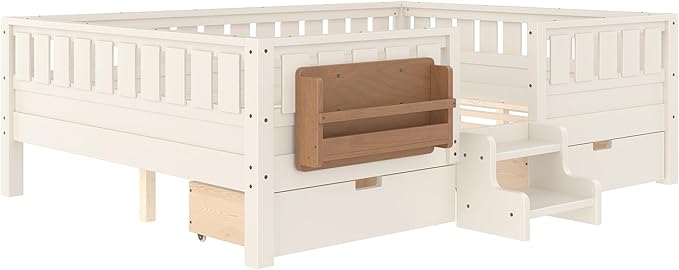 Bellemave Queen Bed with Storage Drawers & Bookshelf, Low Profile Kids Bed Frame with Staircase & Full Length Guardrails, Solid Wood Queen Bed for Kids with Slats Load 550LBS, Easy Assembly, Beige