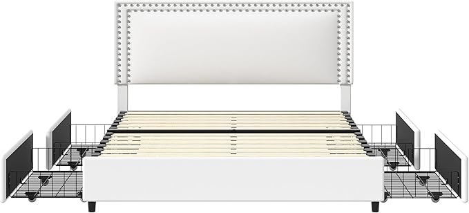 VECELO Full Size Upholstered Bed Frame with 4 Storage Drawers, Adjustable Velvet Rivet Decor Headboard, Wooden Slats Platform Support, No Box Spring Needed, Easy Assembly,White