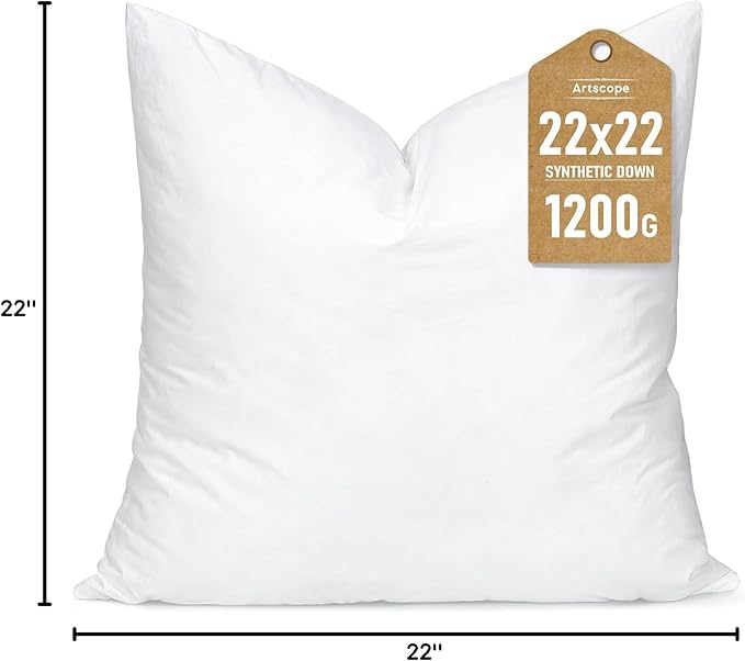 Artscope Synthetic Down Pillow Insert, 22x22 Down Alternative Throw Pillow Insert. Ultra Soft Fluffy Sleeping Pillow with 100% Cotton Cover, Decorative Pillows-White.