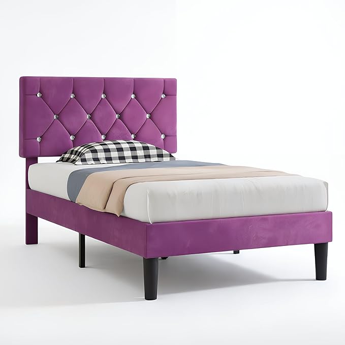 VECELO Twin Size Bed Frame, Upholstered Platform with Adjustable Diamond Tufted Headboard, Wood Slat Support, No Box Spring Needed, Purple