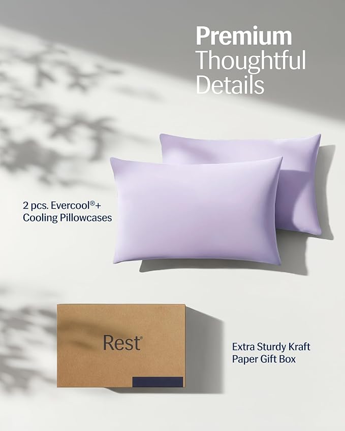REST® Evercool®+ Cooling Pillowcases King - 2 Pillowcase for Sensitive Skin, Silver Infused Fabric for Hygienic Sleep, Silky Smooth for Curly Hair, High Elastic for Snug Fit (19x35 inches)