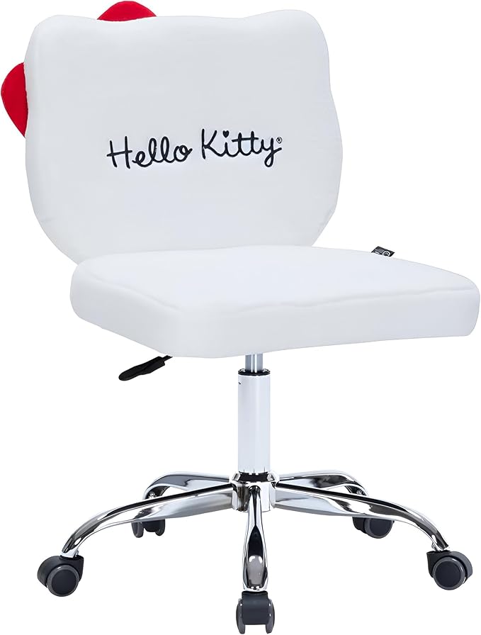 Impressions Vanity Hello Kitty Teddy Swivel Vanity Chair for Makeup Desk, Armless Rolling Chair with Wheels, Adjustable Height, 360 Degree Swing, Comfy Foam Padded Seat and Backrest (Teddy White)