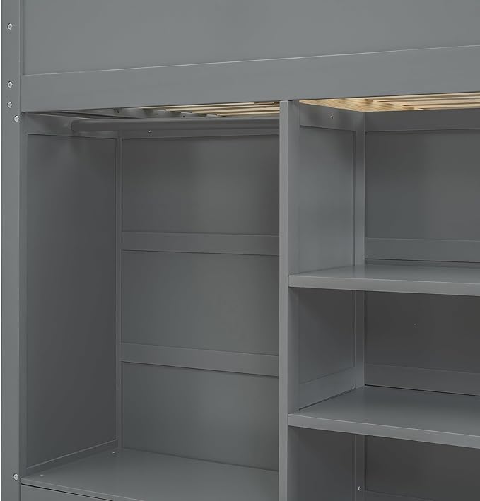 Multi-Functional Full Size Loft Bed with Built-in Desk and Wardrobes, Solid Wood Loft Bed Frame with 4 Drawers and 4 Shelves for Kids Teens Boys Adults, Maximize Space (Gray-F)