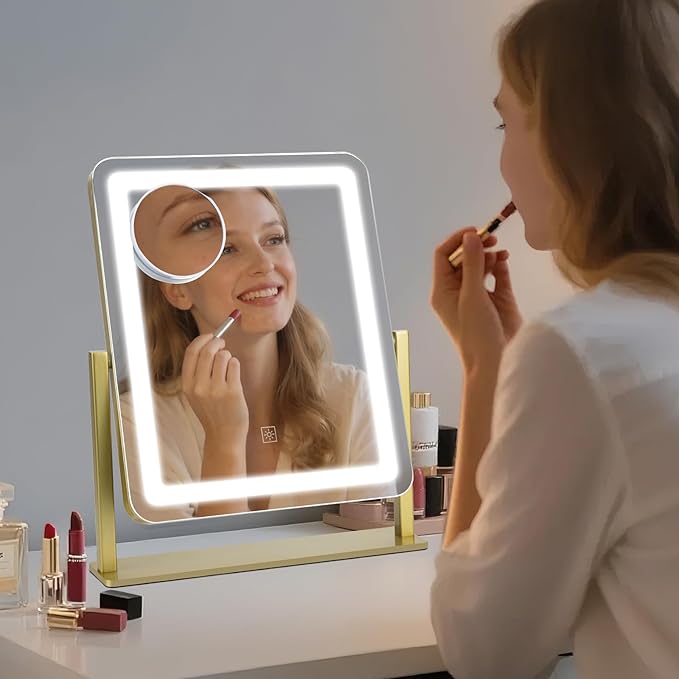 Vanity Mirror with Lights, 15"×12.2" Large LED Makeup Mirror with Light, HD Mirror, Smart Touch with 3-Color Lighting, Dimmable, 360° Rotation, Lighted Up for Vanity Desk Tabletop, Bedroom (Gold)